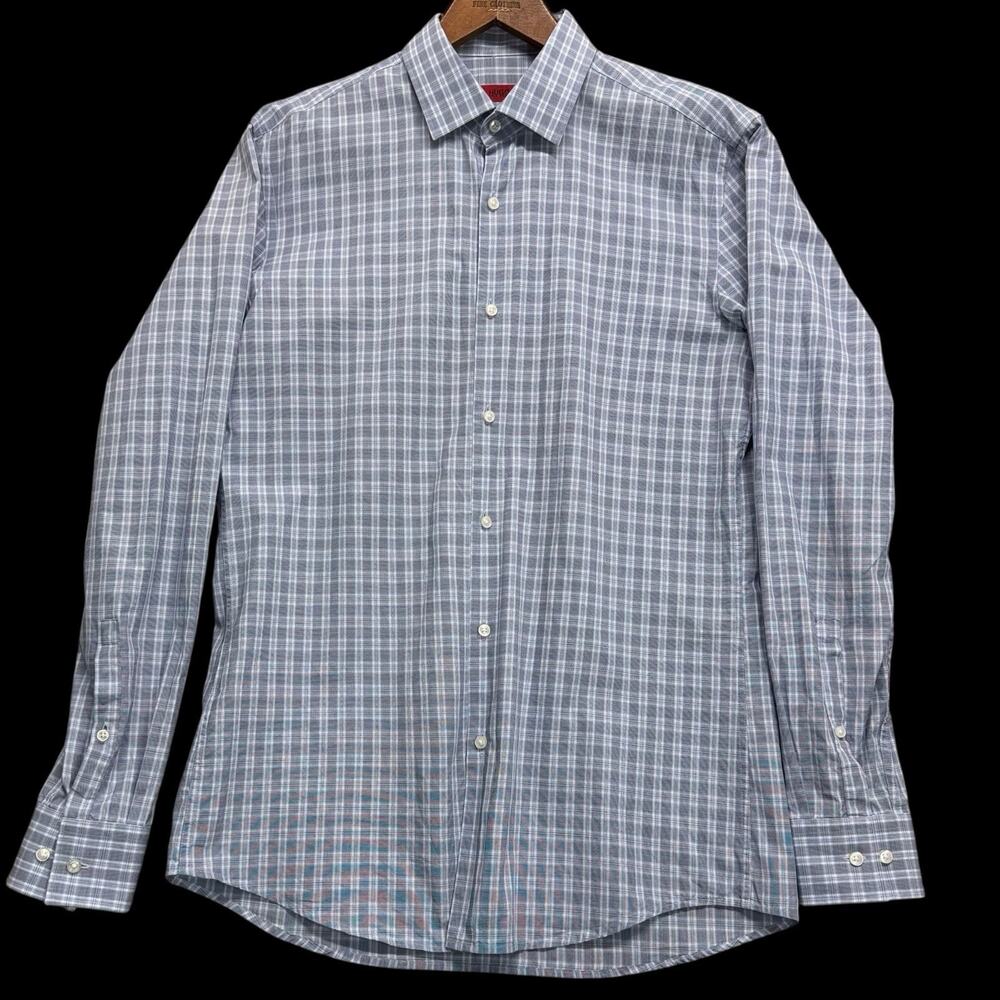 Hugo Boss Mens Slim Fit Button Down Shirt Sz 15.5 39 Blue Gray Plaid Long Sleeve
